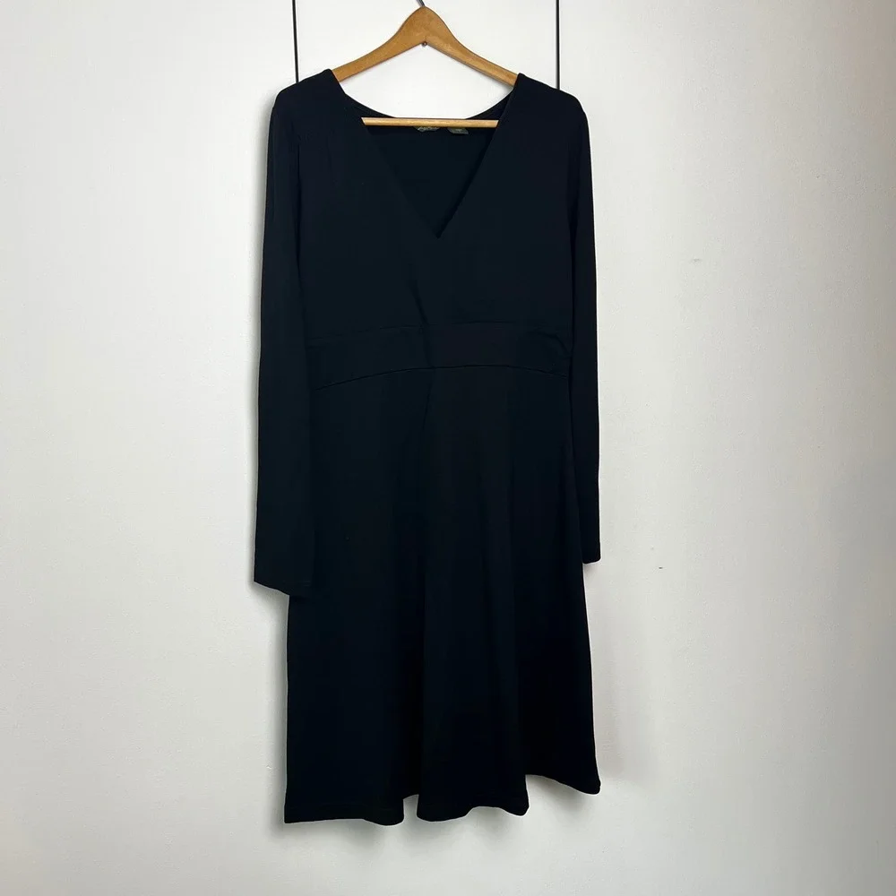 Eddie Bauer Black Long Sleeve V Neck Faux Wrap Style Midi Dress Women's Size L - Picture 1 of 6